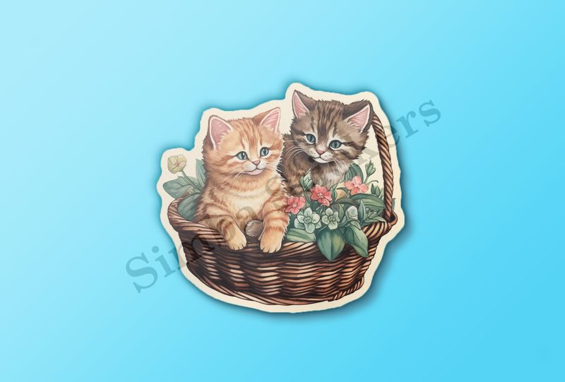 Two kittens in a flowery basket, vintage watercolour