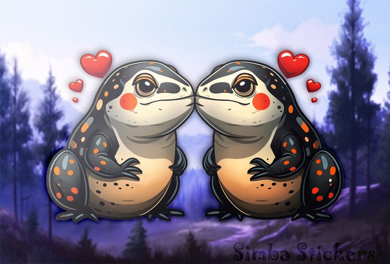 Chubby black, red and creamy lizards in love, with romantic hearts