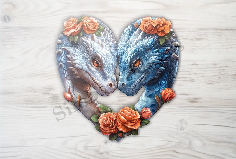 Blue and white dragons nose-to-nose in love, orange flowers, watercolour