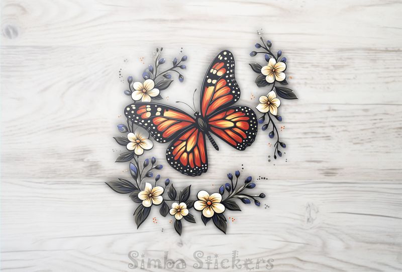 Orange butterfly among flowers, etwqmi