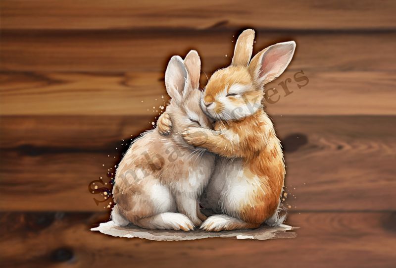 Bunnies in love , one hugging the other affectionately