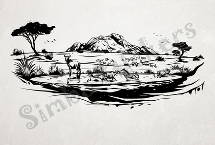 African Savanna landscape, animals at pond, outline art