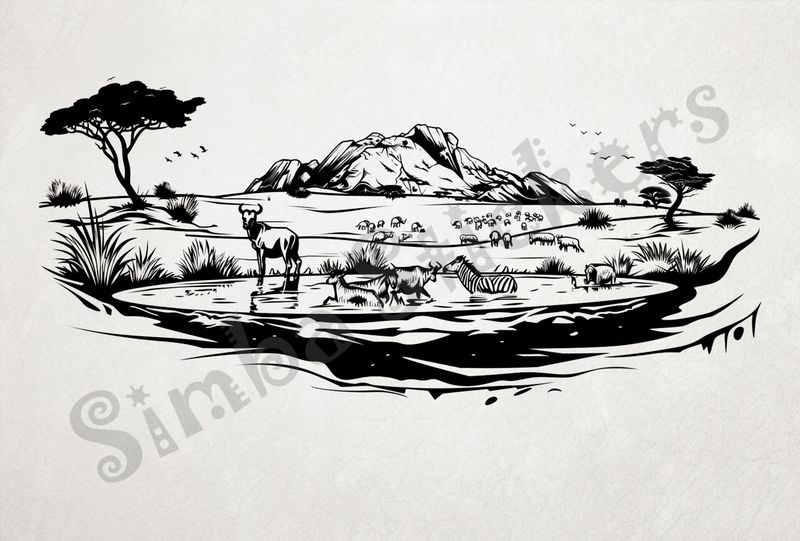 African Savanna landscape, animals at pond, outline art