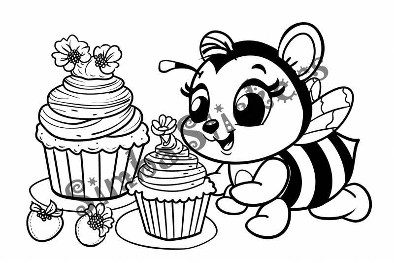 Colouring pages, bundle of bees around food, 10 images