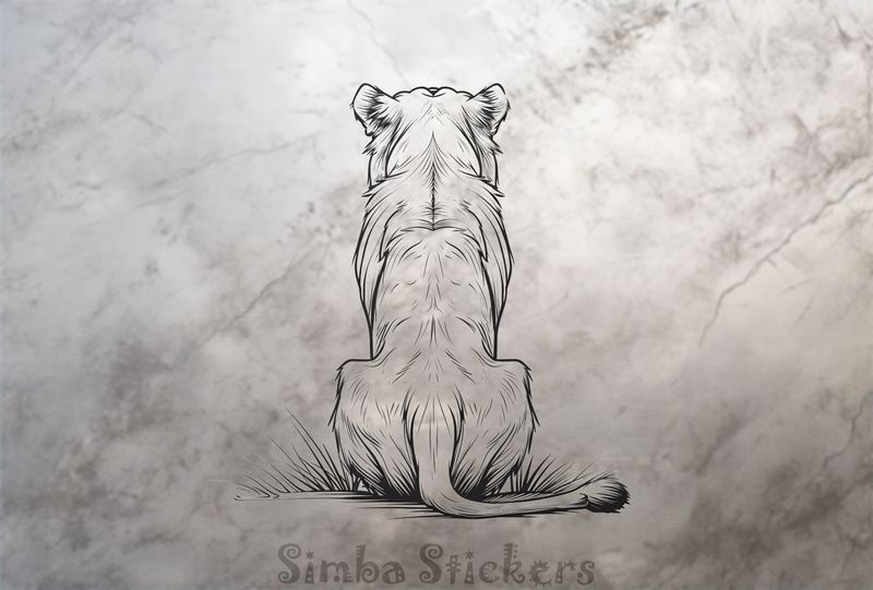 Lioness sitting with tail on the side, from the back, outline art, grpgy1