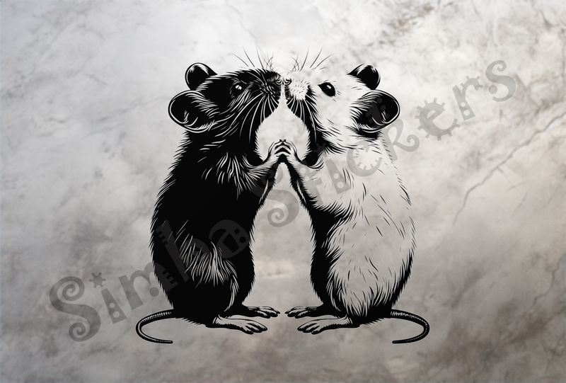 Mice nose-to-nose, holding hands, tails coiled,  outline art