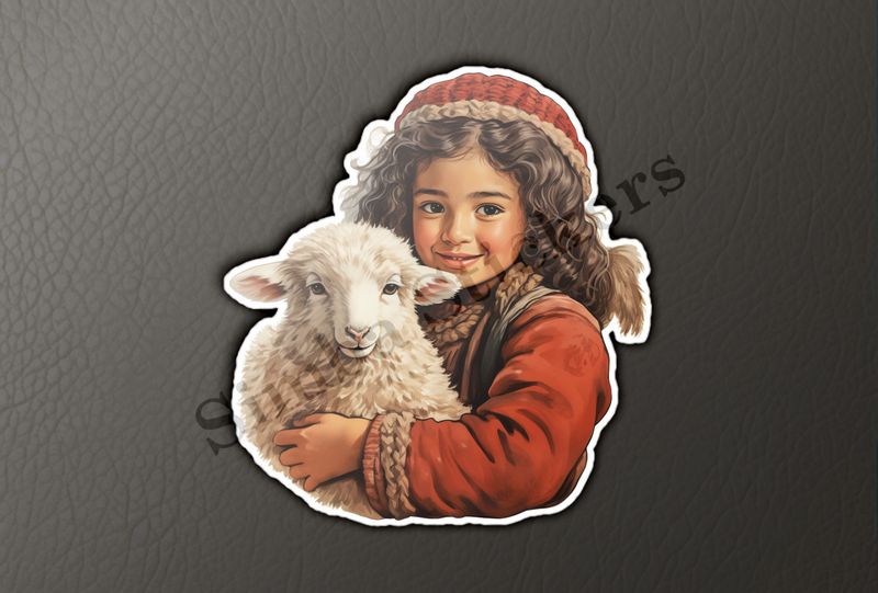 Sheep in arms of girl with red hat, vintage