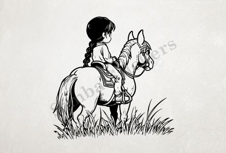 Horse carrying a small Asian girl, outline art