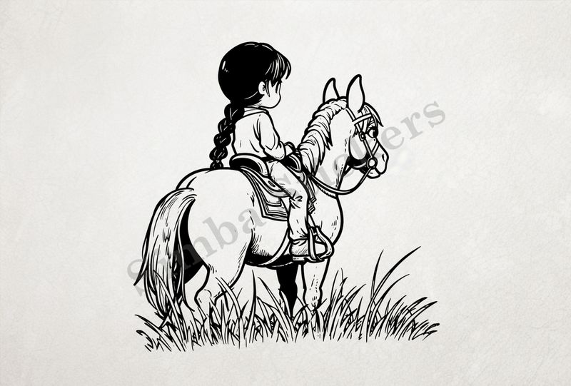 Horse carrying a small Asian girl, outline art