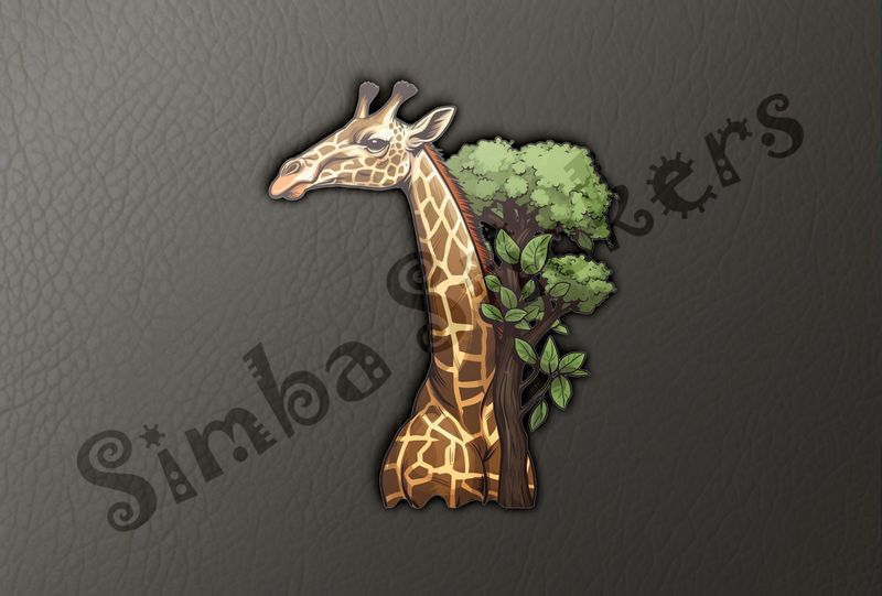 Giraffe standing tall next to tree, towering above it