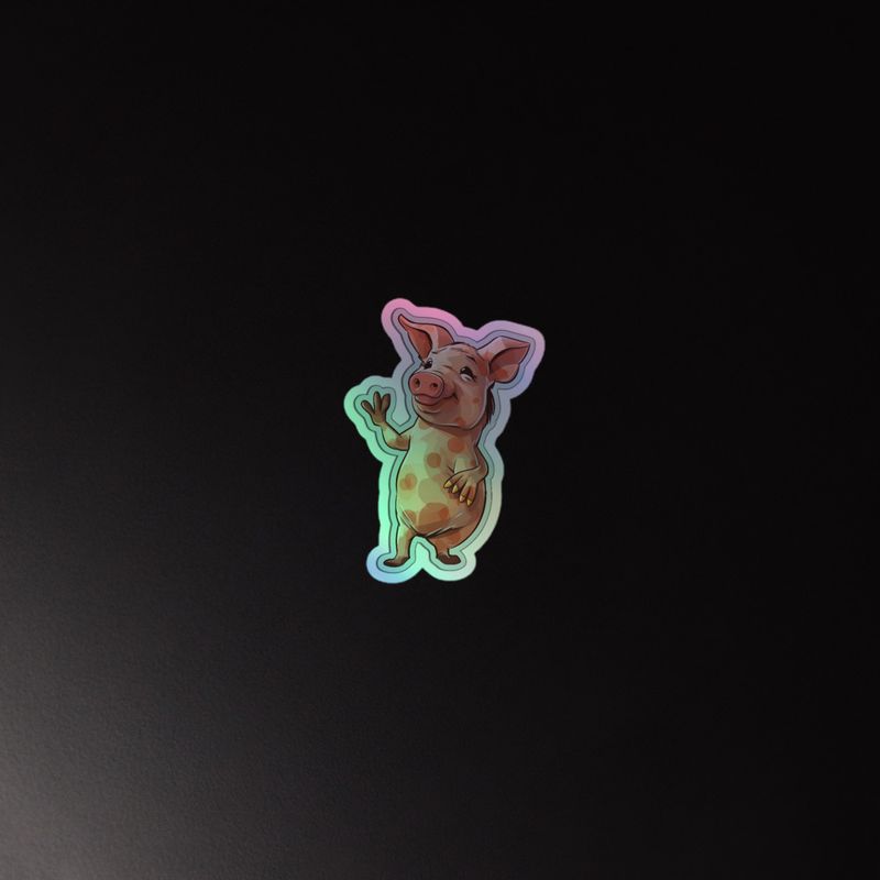 Kiss-Cut Holographic Stickers,  Standing pig waving, multiple sizes, mirrored