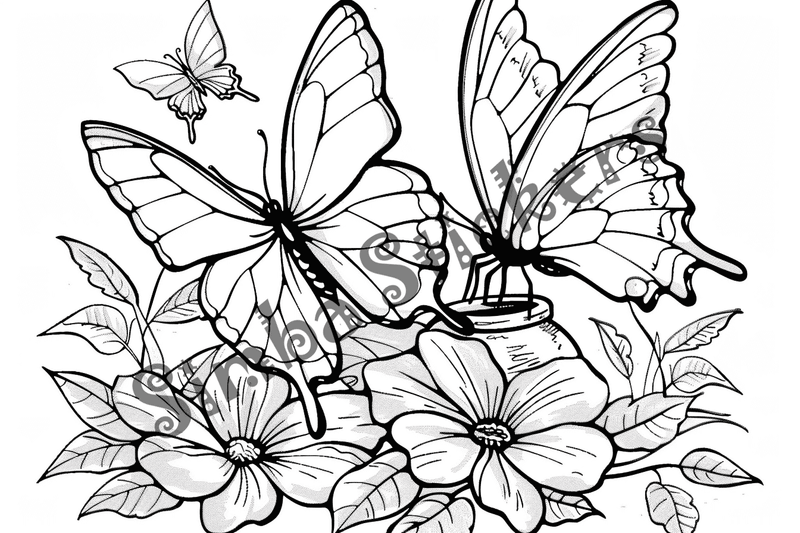Colouring pages, bundle of butterflies over food or flowers, 25 images