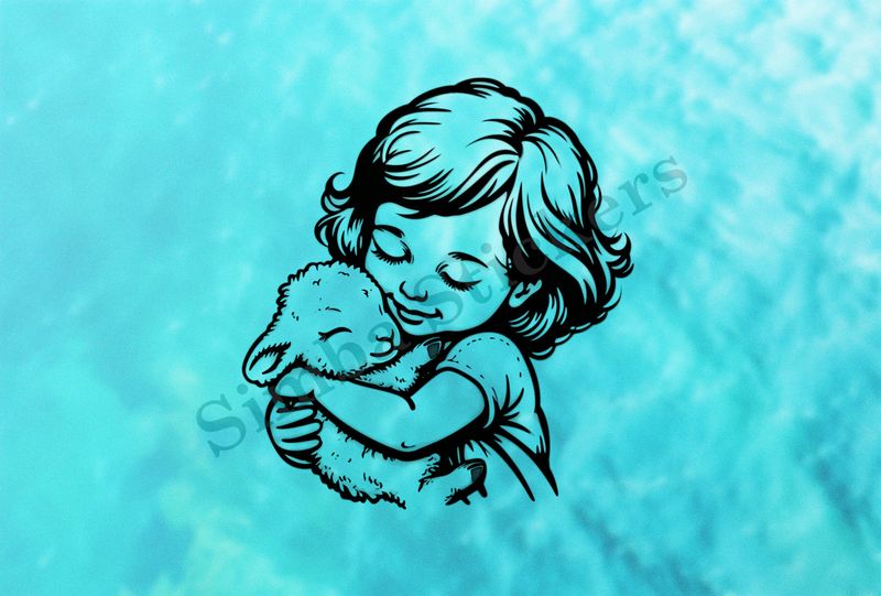 Small lamb cheek-to-cheek in amrs of little girl , outline art