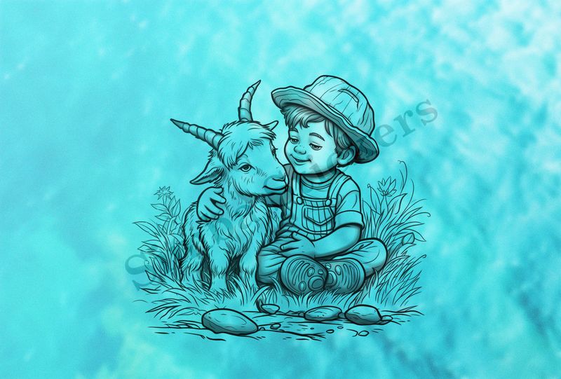 Goat kid with horns hugged by boy, outline art