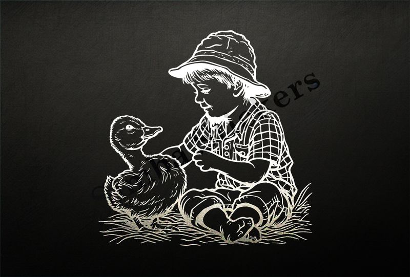 Duck petted by small boy in fishing hat, outline art