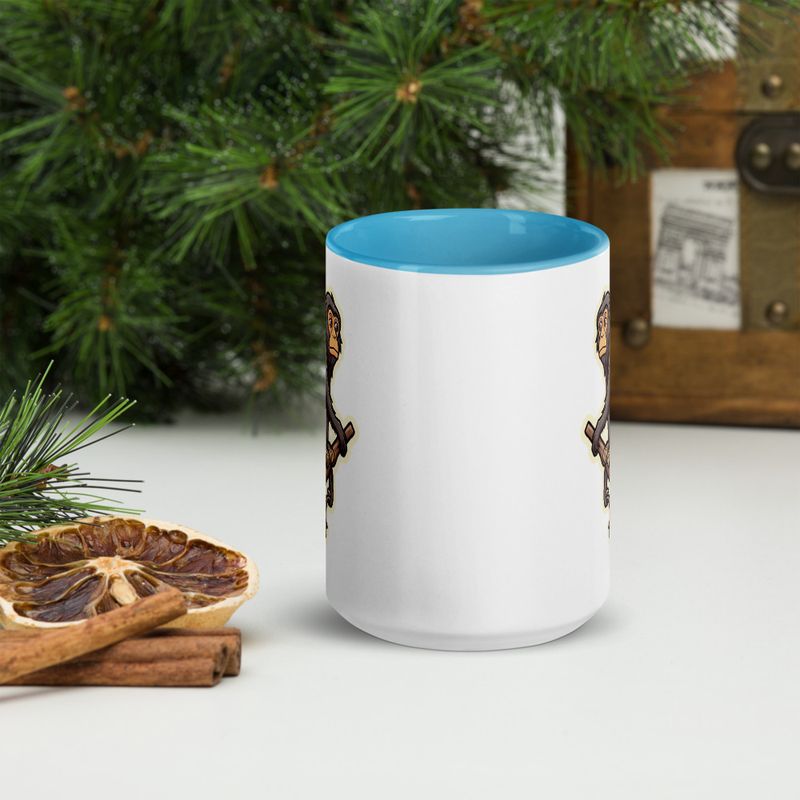 White Ceramic Mug with Color Inside, 11oz &amp; 15oz, Baboon on a tree, looking sad, head-to-head