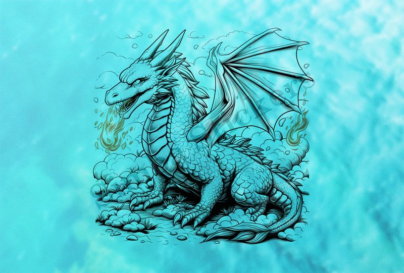Dragon breathing fire, cloudy background, outline art