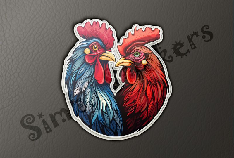 Cock and hen beak-to-beak in love, watercolour
