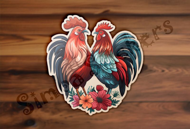 Hen and rooster chicken in love , flowers at their feet