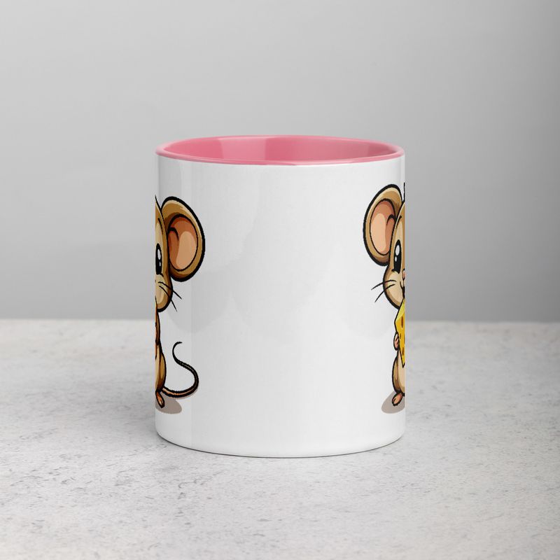 White Ceramic Mug with Color Inside,11&amp;15oz,Small Mouse happily licking large chunk of cheese,pqapy6