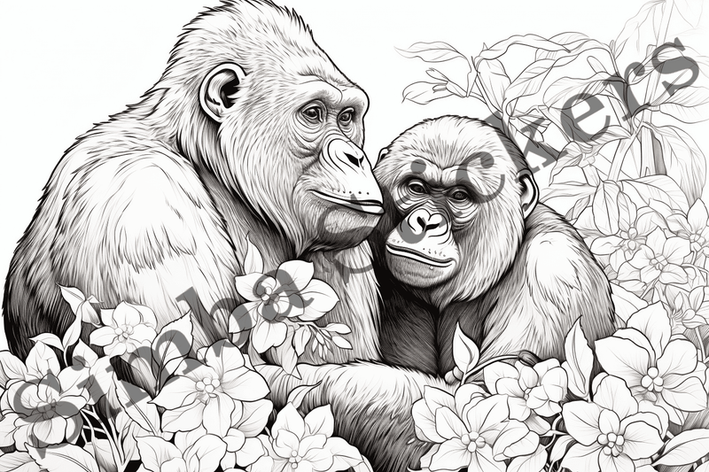 Colouring pages, bundle of gorillas in love, 10 images