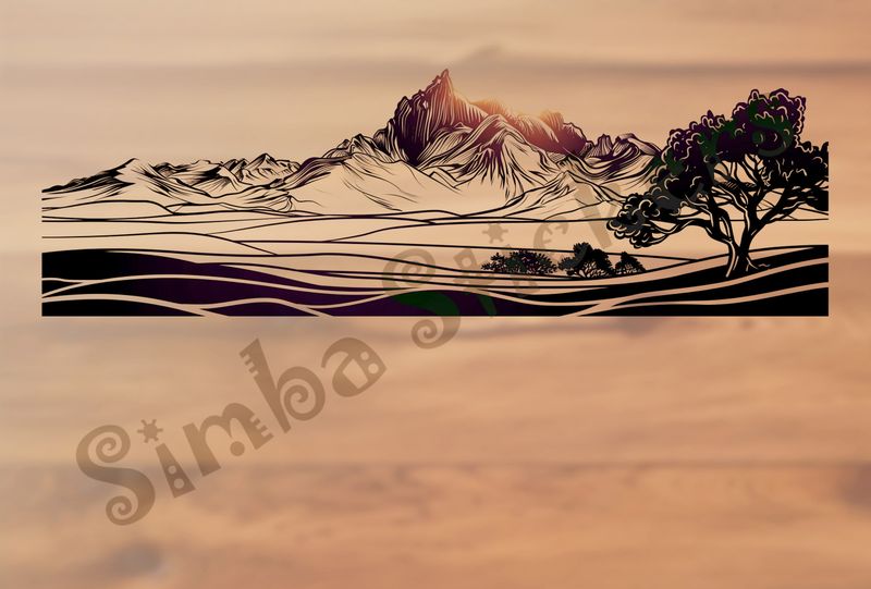 African Savanna landscape, sunny mountain range, outline art
