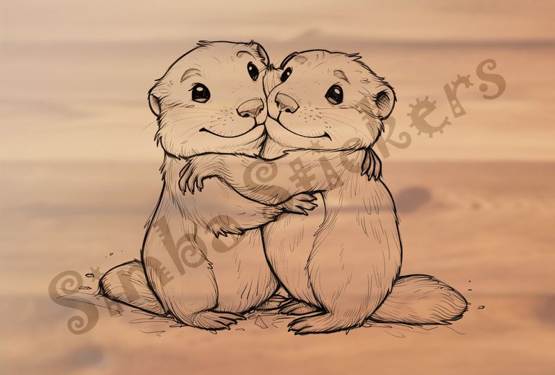 Beavers cuddling cheek-to-cheek in embrace, outline art