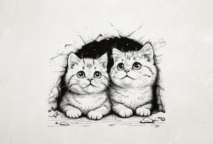 Cat kittens, romantic, outline art