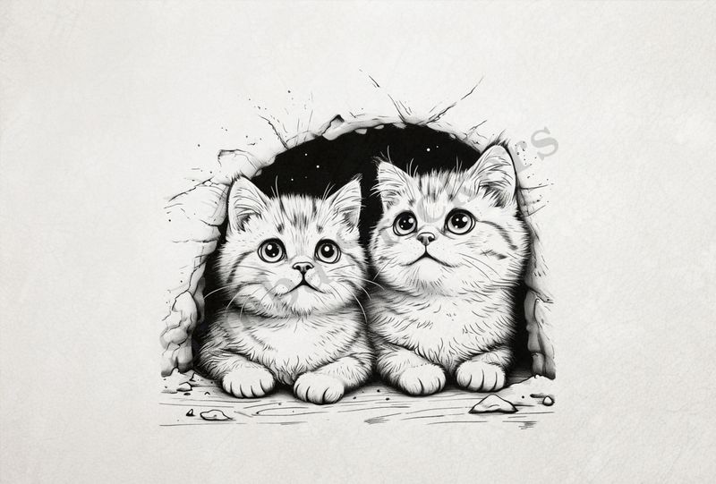 Cat kittens, romantic, outline art