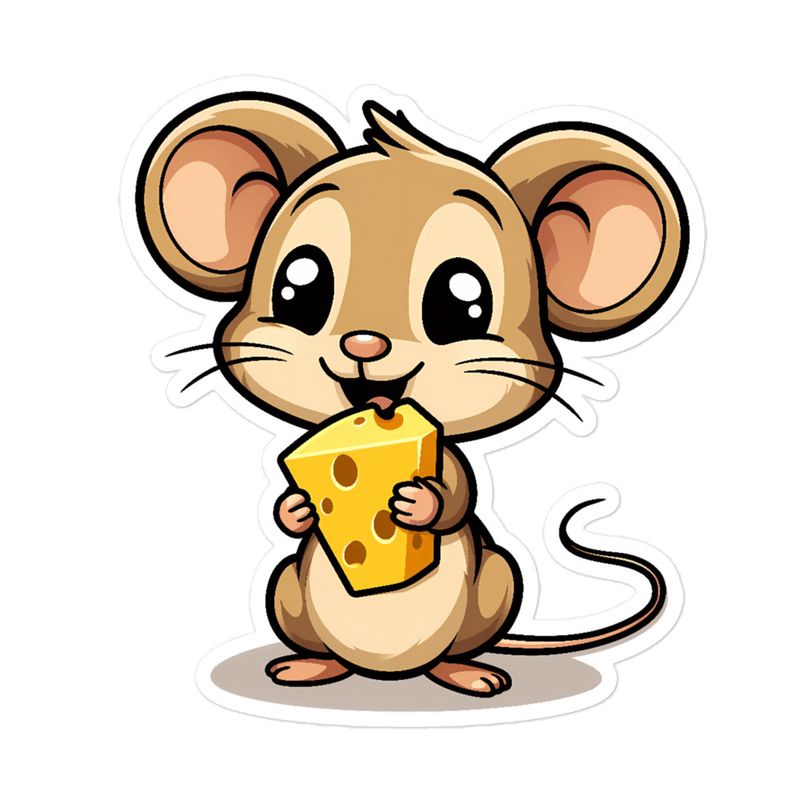 Sticker 5.5x5.5, Small Mouse happily licking large chunk of cheese, pqapy6