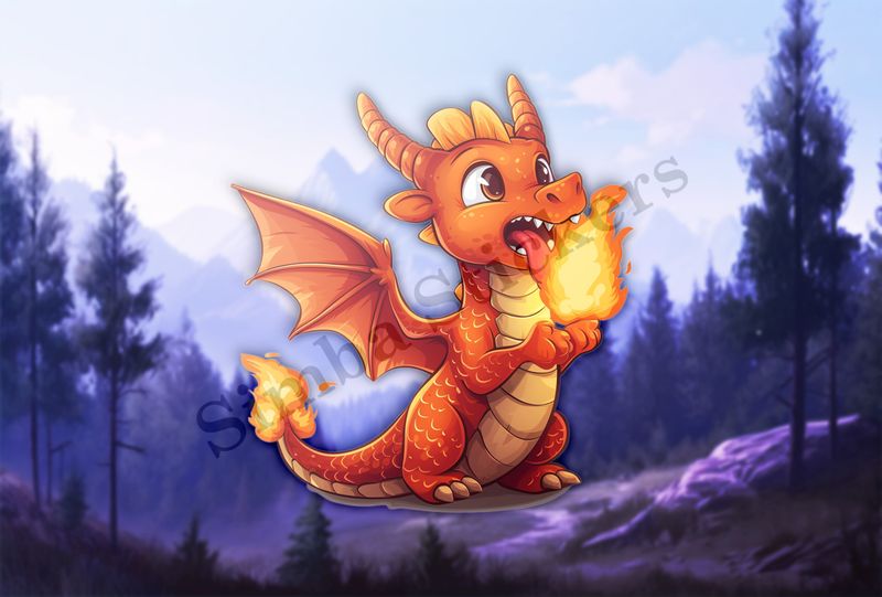 Cute baby red dragon breathing fire