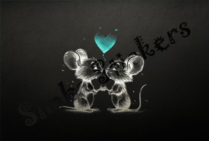 Mice about to kiss, romantic heart above, outline art