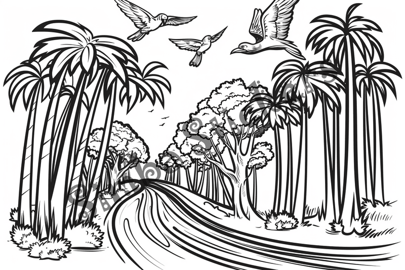 Colouring pages, bundle of Equatorial Rainforest landscape, 25 images 2