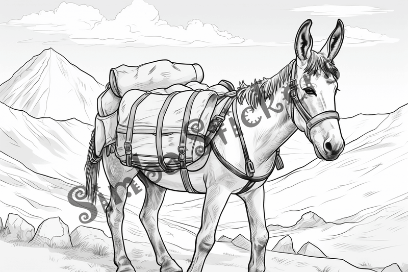 Colouring pages, bundle of donkeys carrying goods or people 10 images