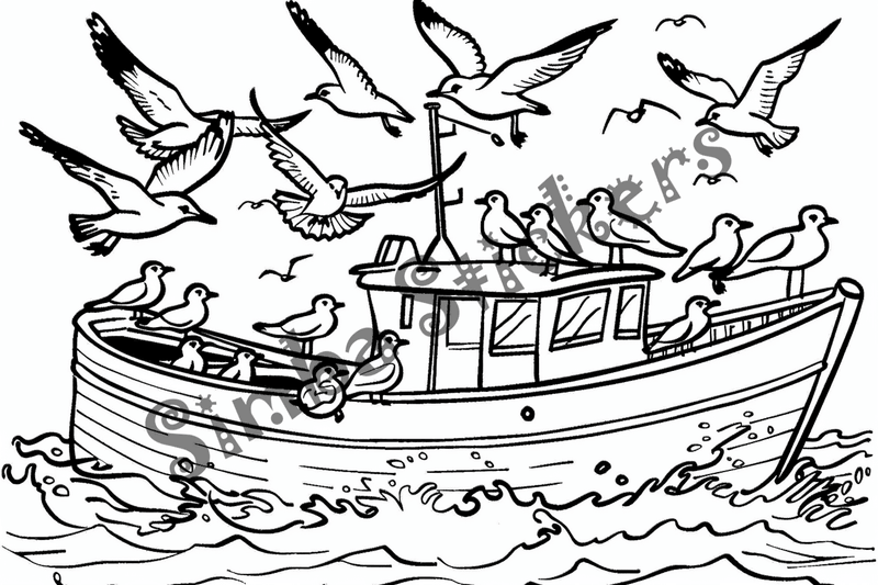 Colouring pages, bundle of seagulls harassing boats, 10 images