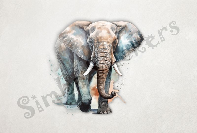 Elephant walking on grass, with light brown background, watercolour