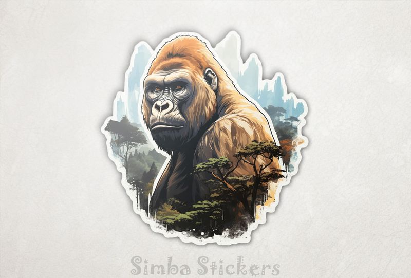 Sad gorilla with forest foreground, woftzi