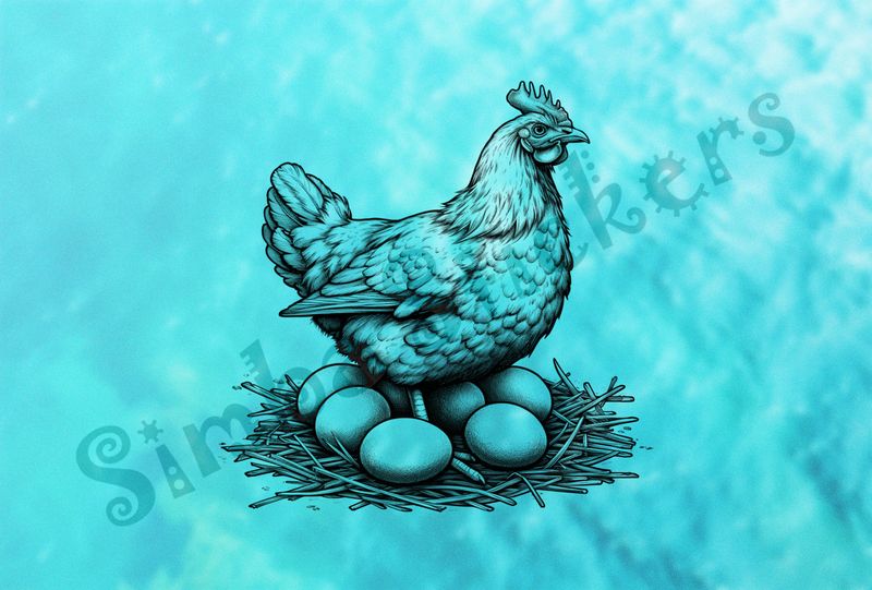 Hen brooding over many eggs, outline art