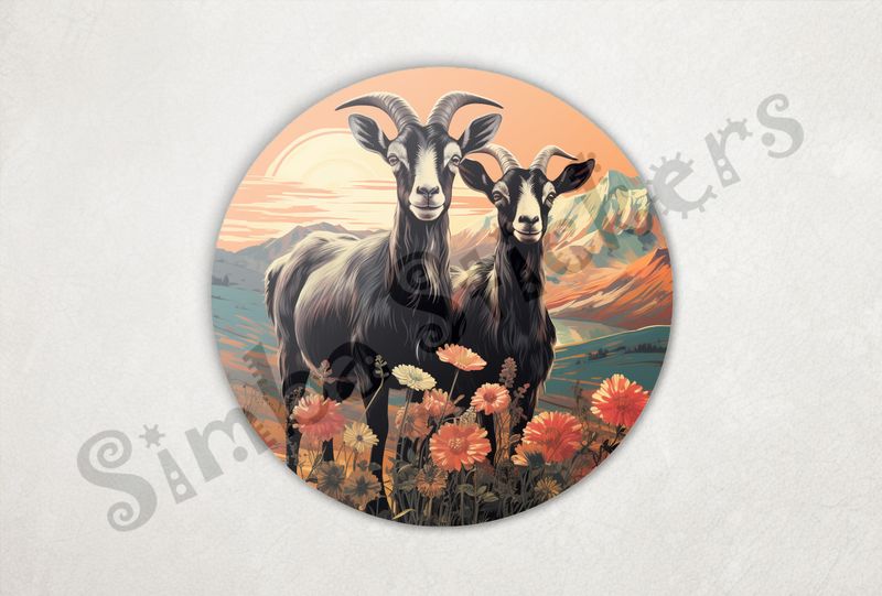 Goats in love, in flowery mountain range