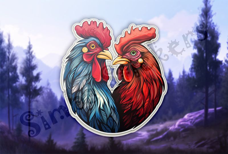 Cock and hen beak-to-beak in love, watercolour