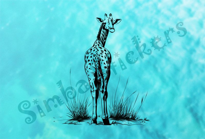 Giraffe from behind, head turned backwards to the right, outline art