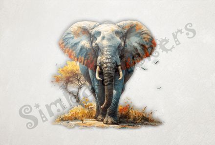 Elephant walking, birds flying in background, watercolour