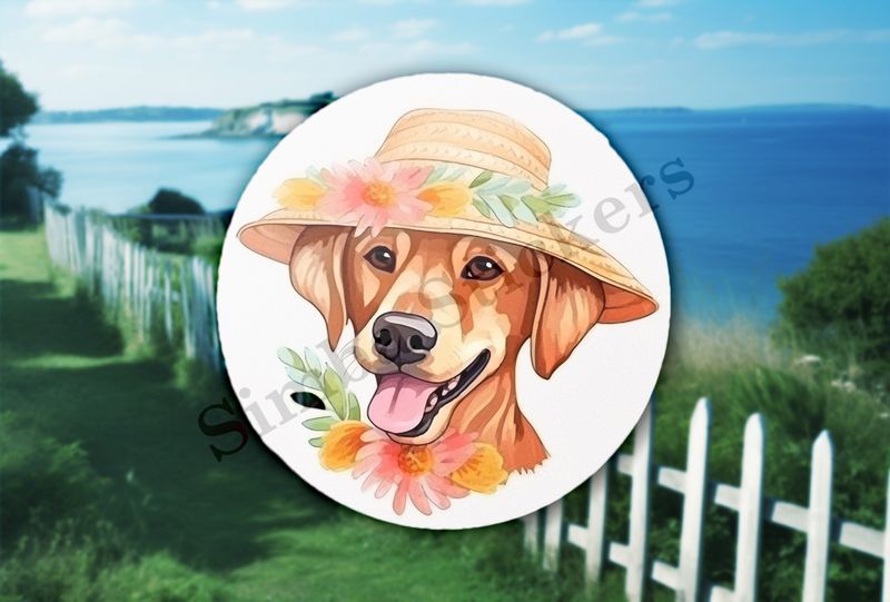 Dog in a flowery hat, with flowers