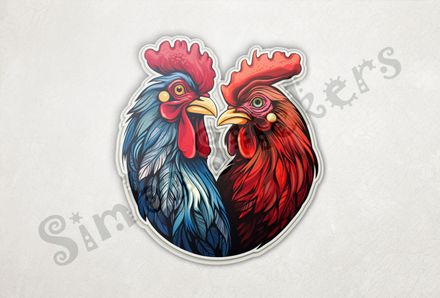 Cock and hen beak-to-beak in love, watercolour