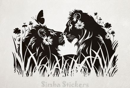 Male lion nose-to-nose with lioness, outline art, 1osfyq