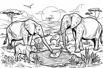 Colouring pages, bundle of African Savanna landscape with animals, 10 images