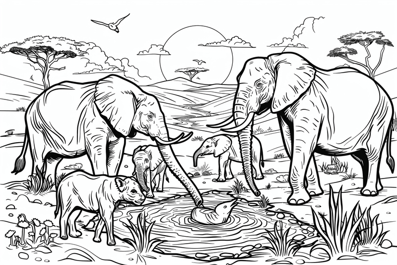 Colouring pages, bundle of African Savanna landscape with animals, 10 images