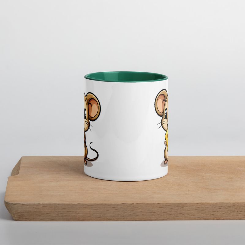 White Ceramic Mug with Color Inside,11&amp;15oz,Small Mouse happily licking large chunk of cheese,pqapy6