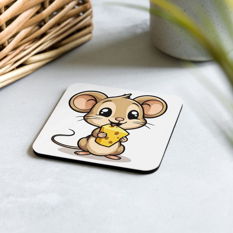 Cork-Back Coaster, Small Mouse happily licking large chunk of cheese, pqapy6, mirrorred