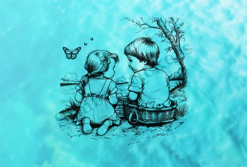 Boy and girl  by the river bank, boy in picnic basket, outline art